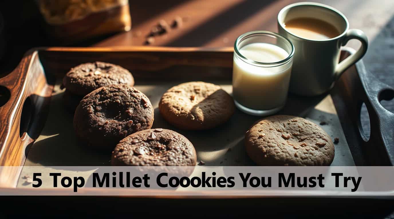 Dramatic cinematic style food photography Coconut Pari Ragi Pari and Sorghum Pari cookies on rustic tray milk and tea. Strong hard light harsh shadows film like composition 5 Top Millet Cookies 1